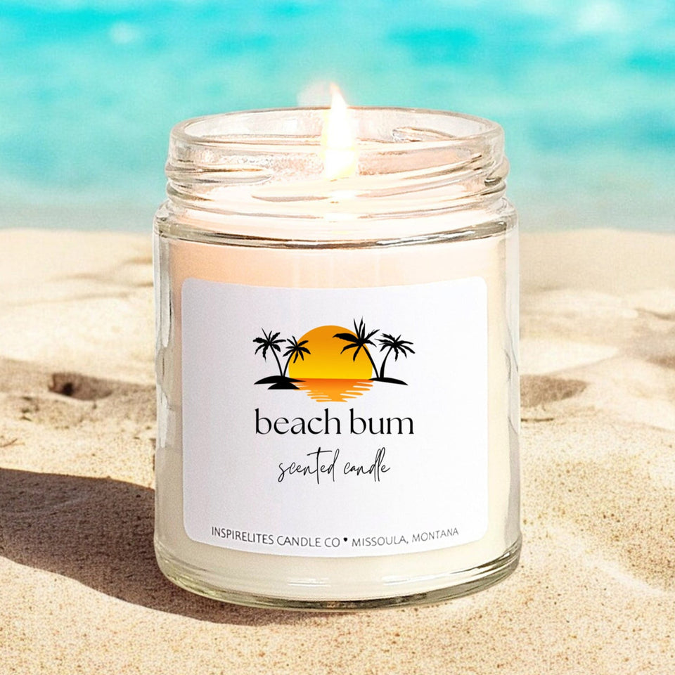 beach bum scented jar candle, coconut mango scented